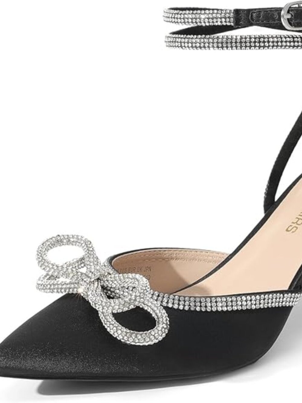 Kitten Heels Rhinestone Bow Ankle Strap Stiletto Pointed Closed Toe Heels for Wo